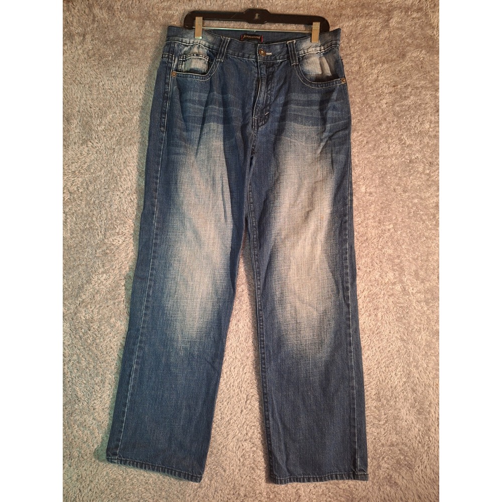 Irreverent Mens Relaxed Straight Leg Blue Jeans 34x32 Medium Wash Embroidered